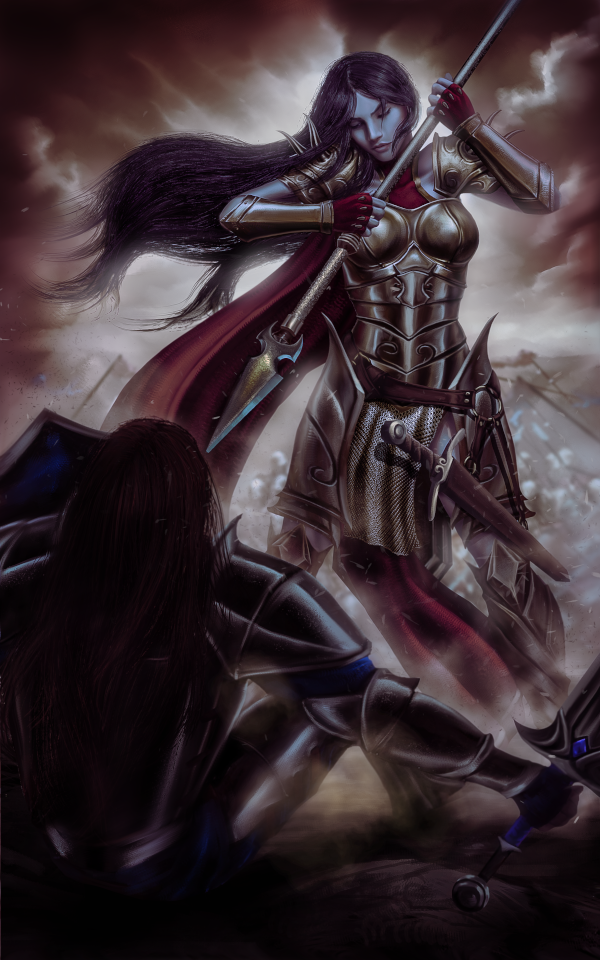 Woman in golden armor doing battle against a man with dark silver armor. She  has the mate at spear point, ready to strike.